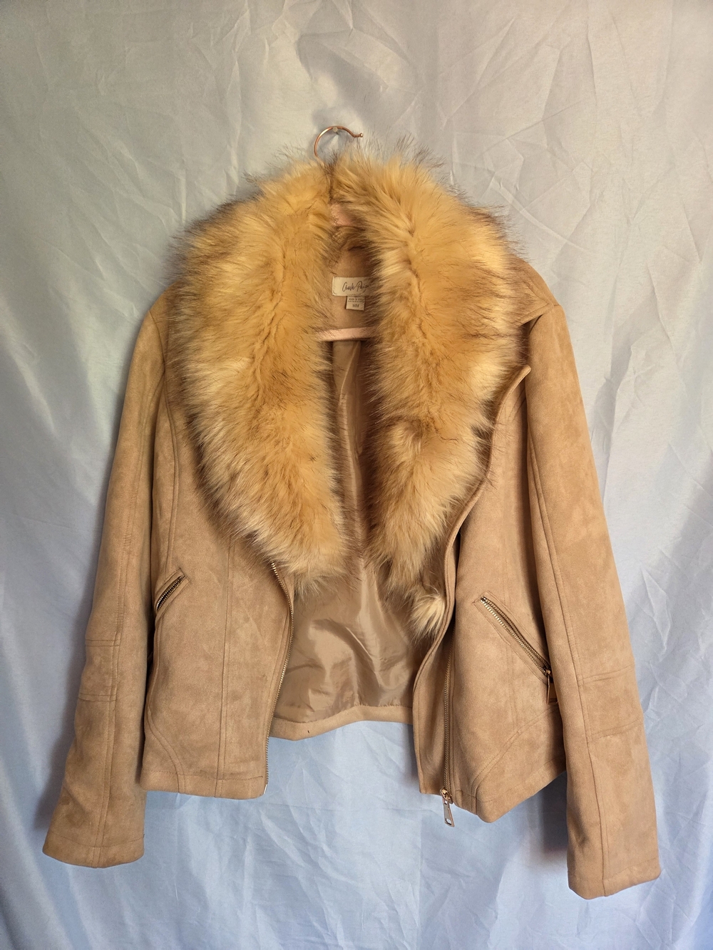Charlie Paige Tan Suede Jacket with Golden Fur Collar